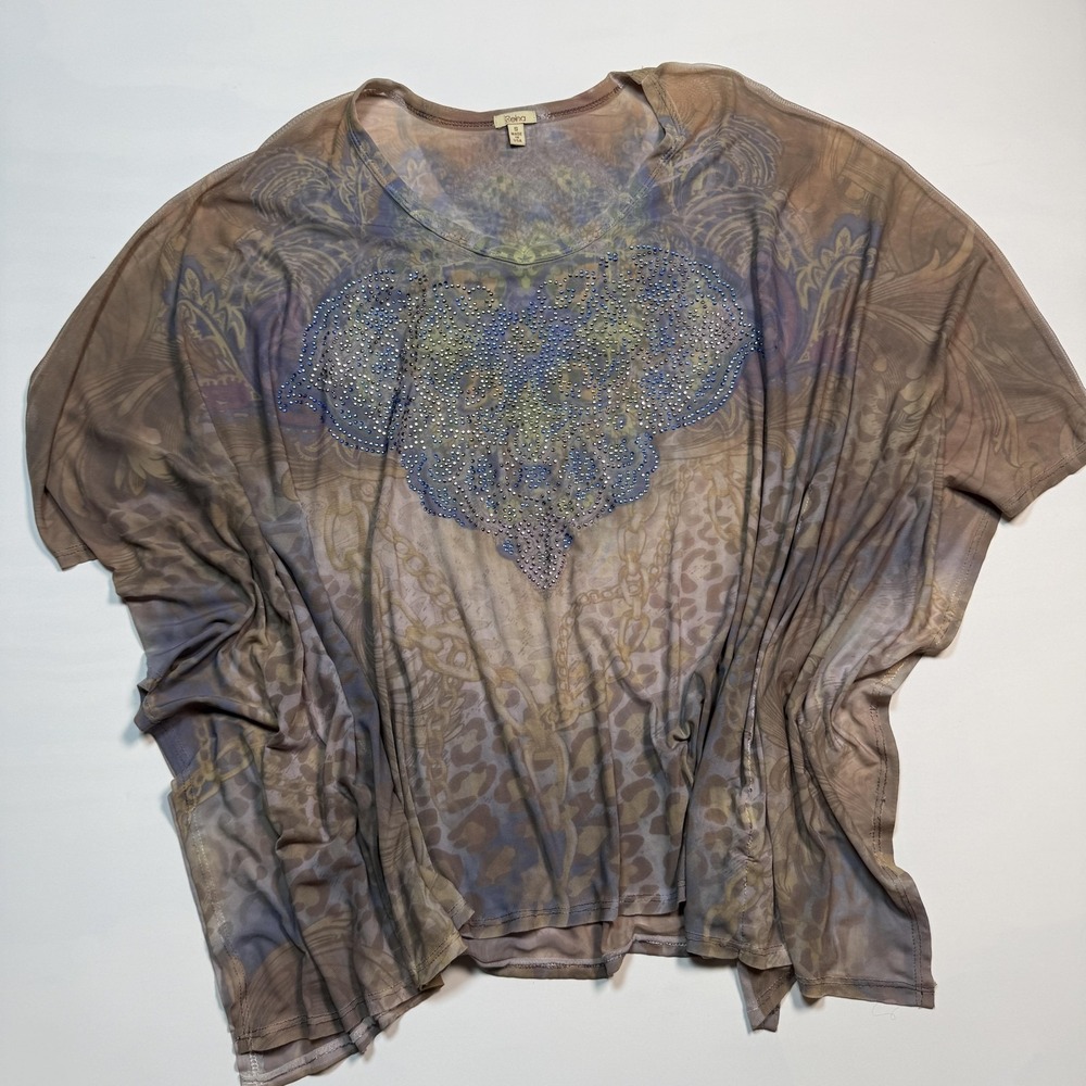 Reba Blouse Womens Small Multicolor Sheer Rhinestone Tunic Top